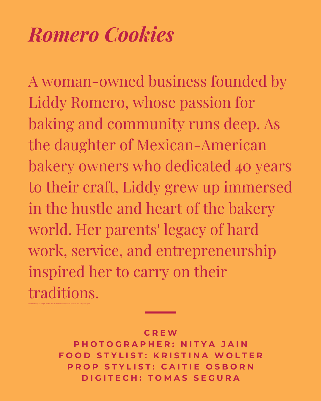 Text explaining Romero Cookies, a woman-owned bakery started by Liddy Romero, with a background color of orange and pink text. The text describes her inspiration from her Mexican-American roots and her family's legacy of hard work and entrepreneurshi