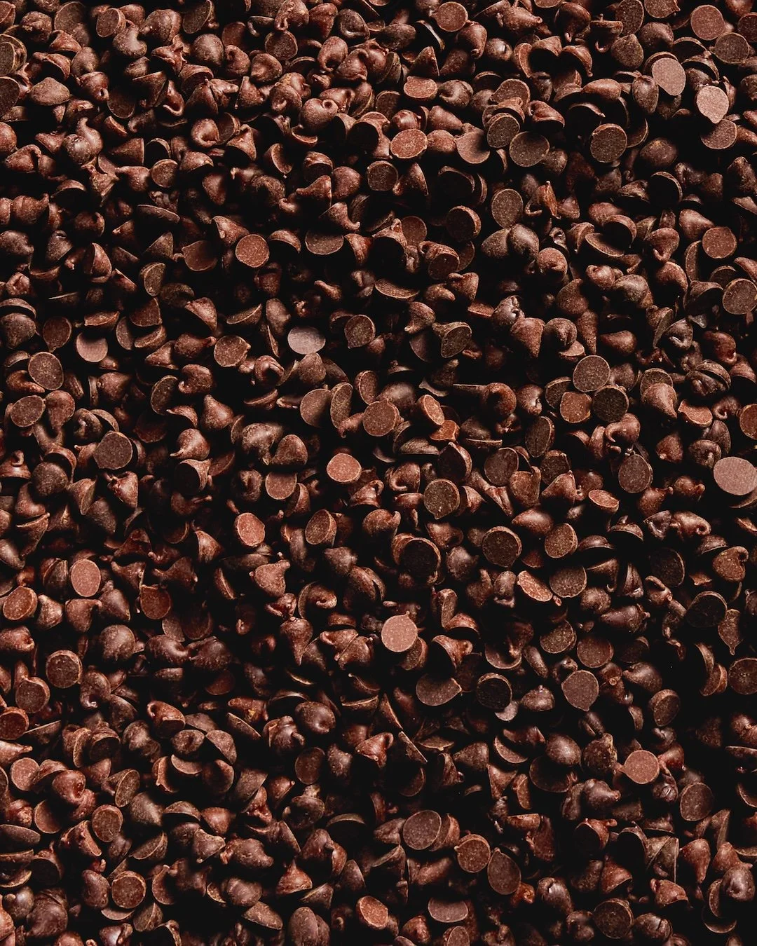 Close-up of many small chocolate chips.