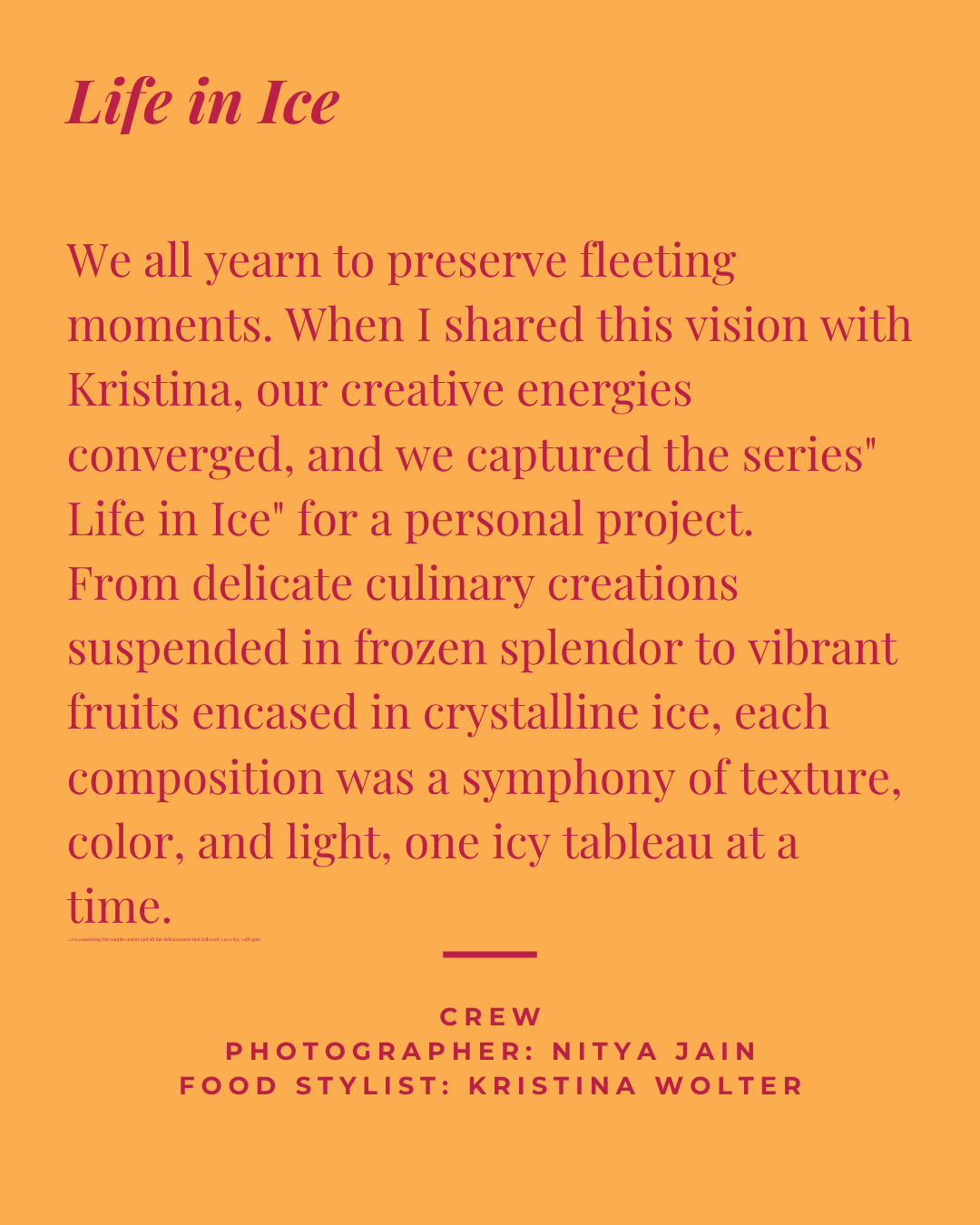 Text on a peach and orange background discussing a project titled 'Life in Ice,' involving frozen culinary creations with vibrant fruits encased in crystalline ice, shared by a food stylist Kristina Wolter and photographer Nitya Jain.