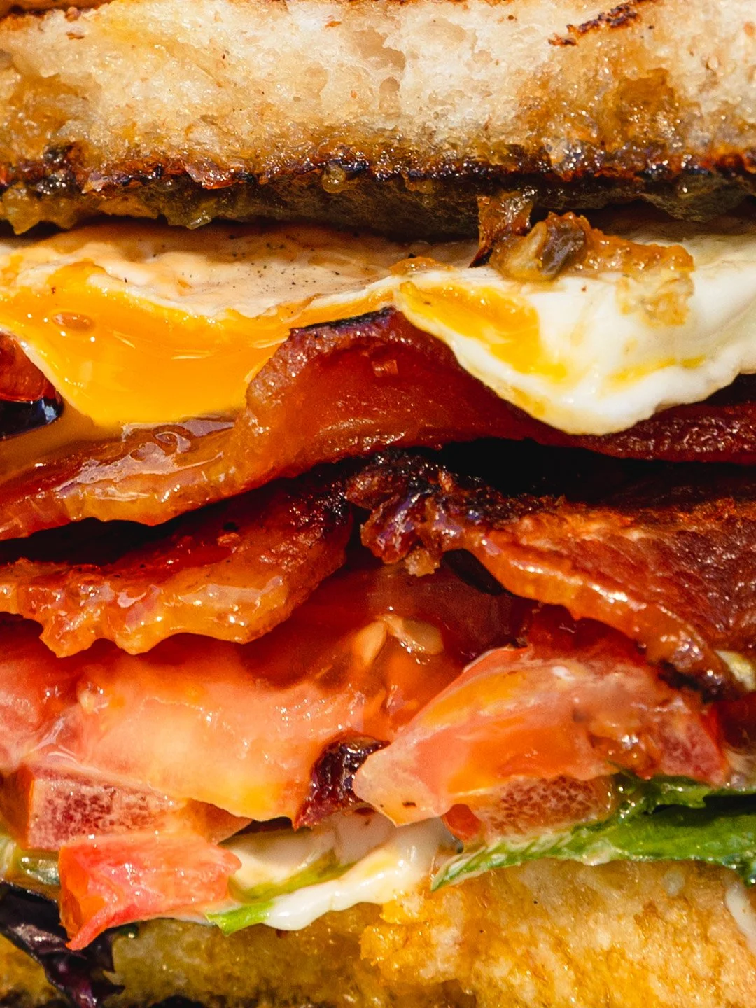 Close-up of a breakfast sandwich with fried egg, bacon, lettuce, tomato, and toasted bread.