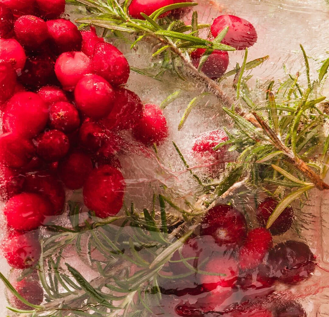 Red berries and green pine needles encased in ice.