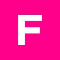 Pink background with a large white letter F in the center.