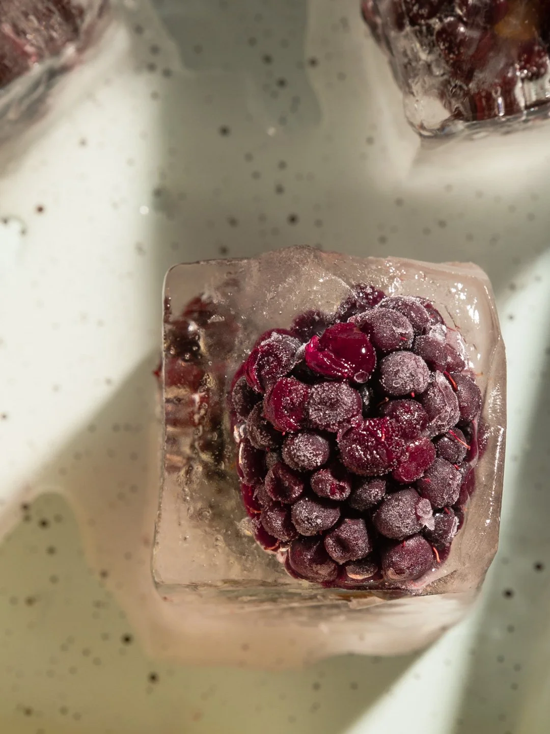 Close-up of frozen blackberries inside a clear ice cube.