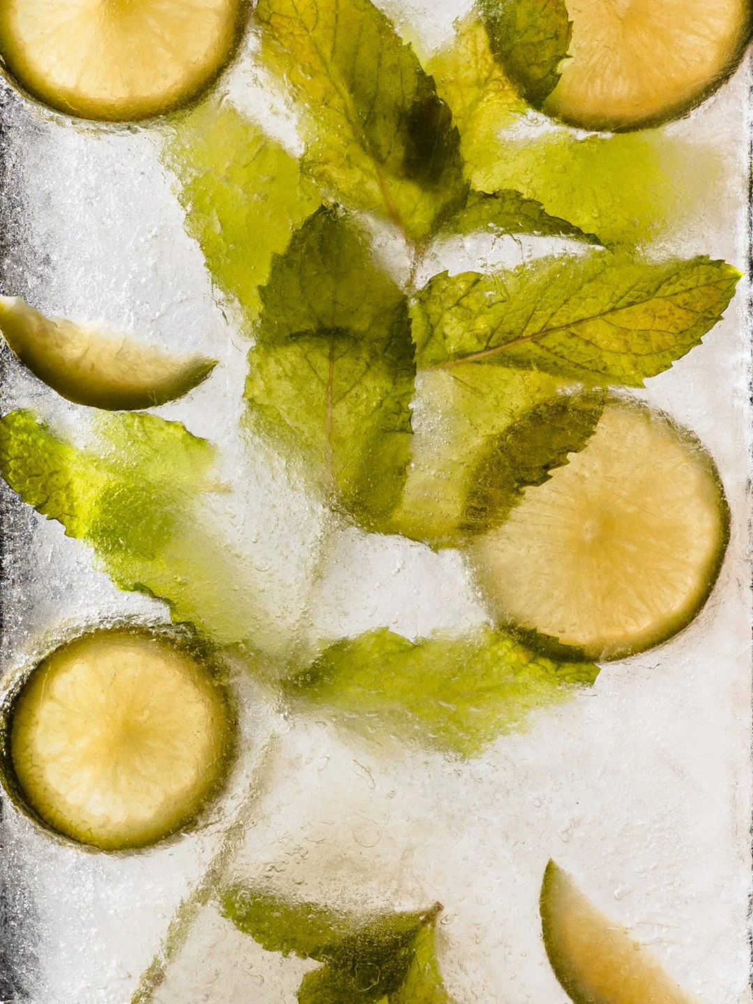 Ice cubes with sliced lemons and fresh mint leaves inside.