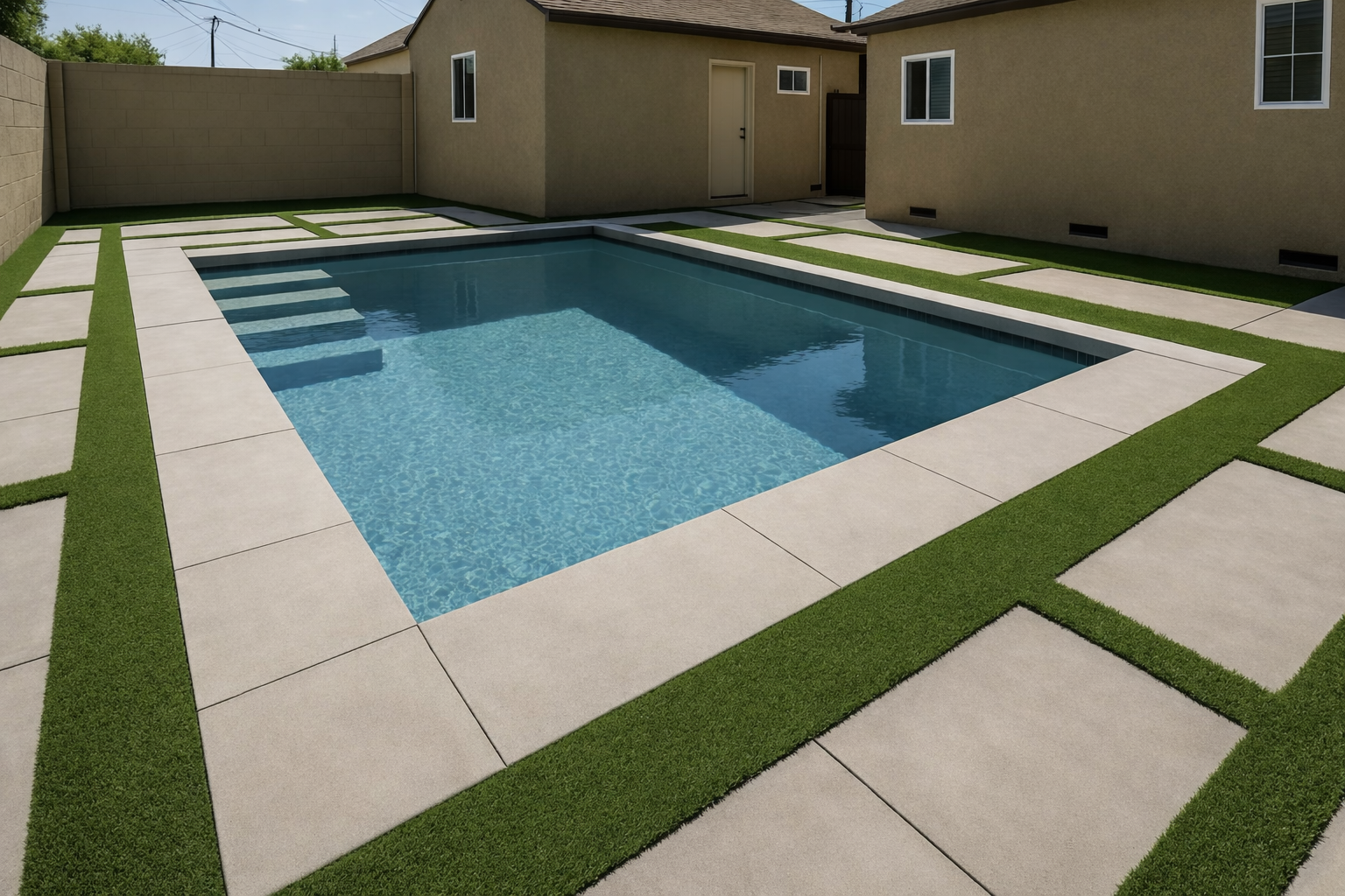 Backyard with a rectangular swimming pool surrounded by concrete tile and artificial grass, with a beige house and a tall concrete wall in the background.