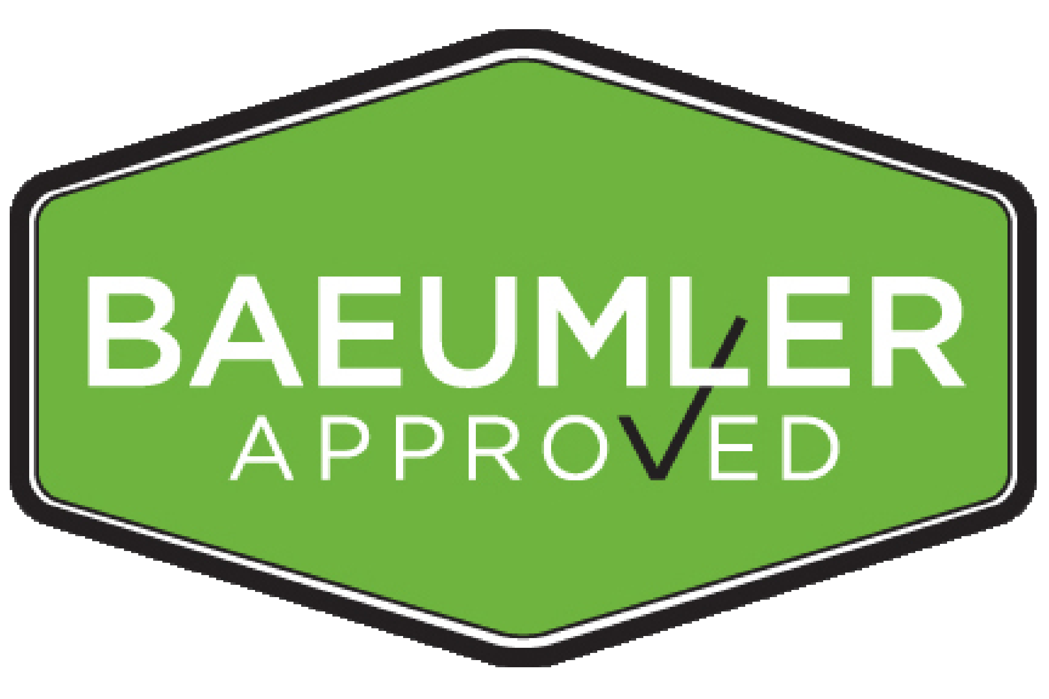 Green badge with white text that says "BAUM6LER APPROVED" and a black checkmark integrated into the text