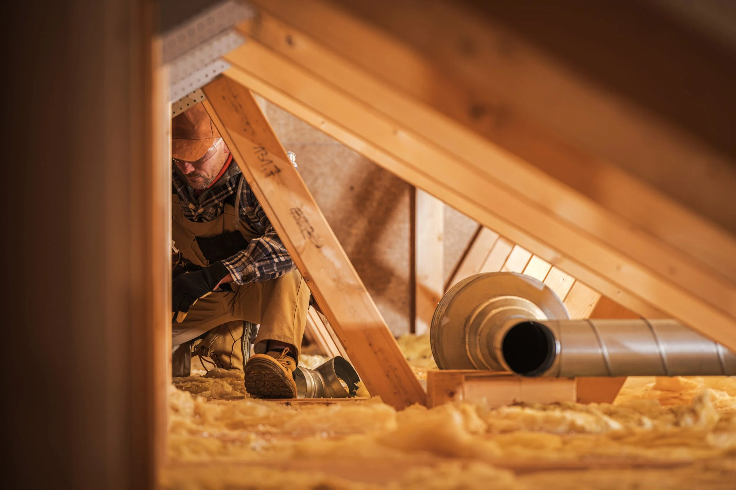 A man working on insulation in an attic, surrounded by wooden beams and secured ductwork.