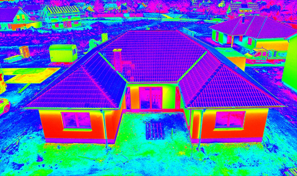Infrared thermal image of a house with a red roof and orange walls, showing cooler areas in green and blue. The house is in a neighborhood with other houses and some vehicles visible.