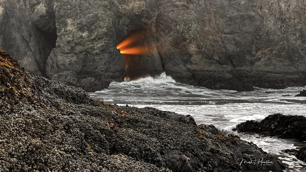 A rocky shoreline with barnacles in the foreground, large rocks in the ocean, and a cave with orange sunset shining inside in the background.