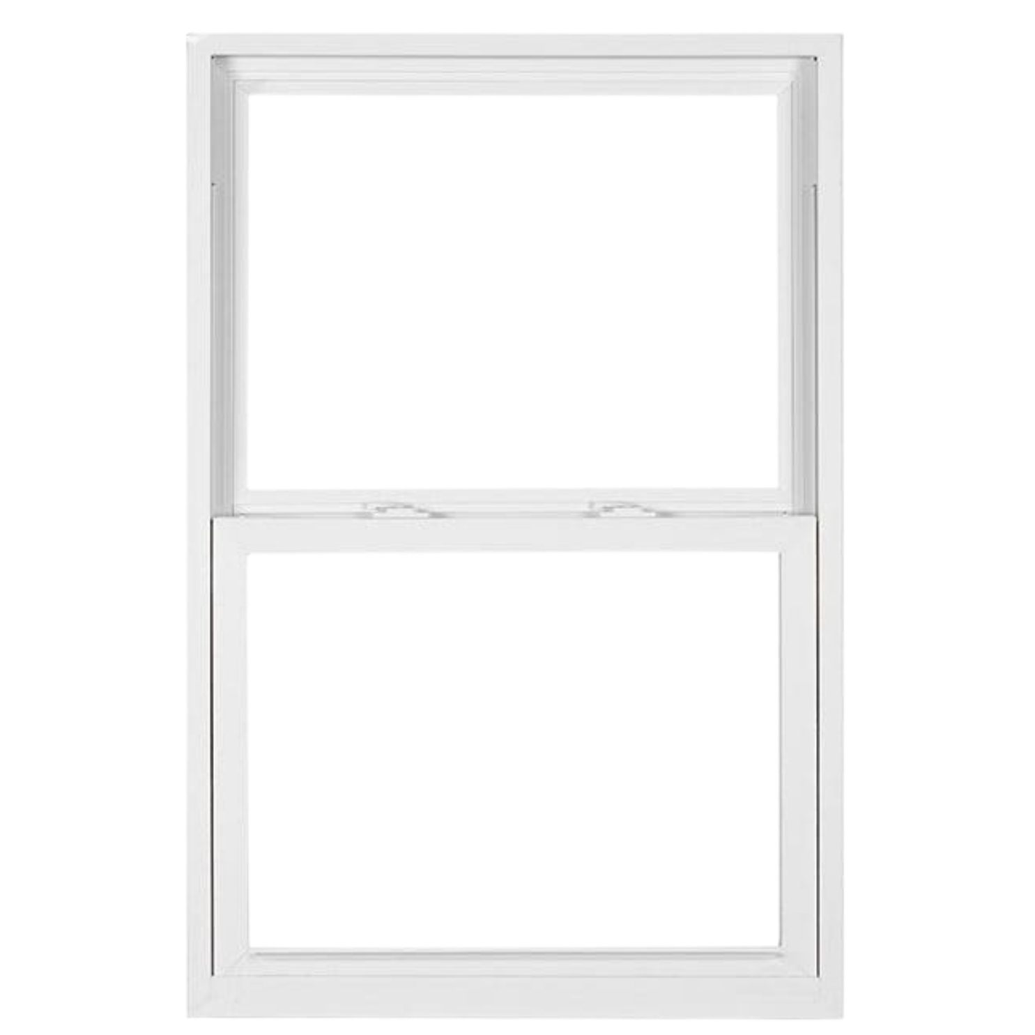 White double-pane window with a grid pattern, set in a white frame.