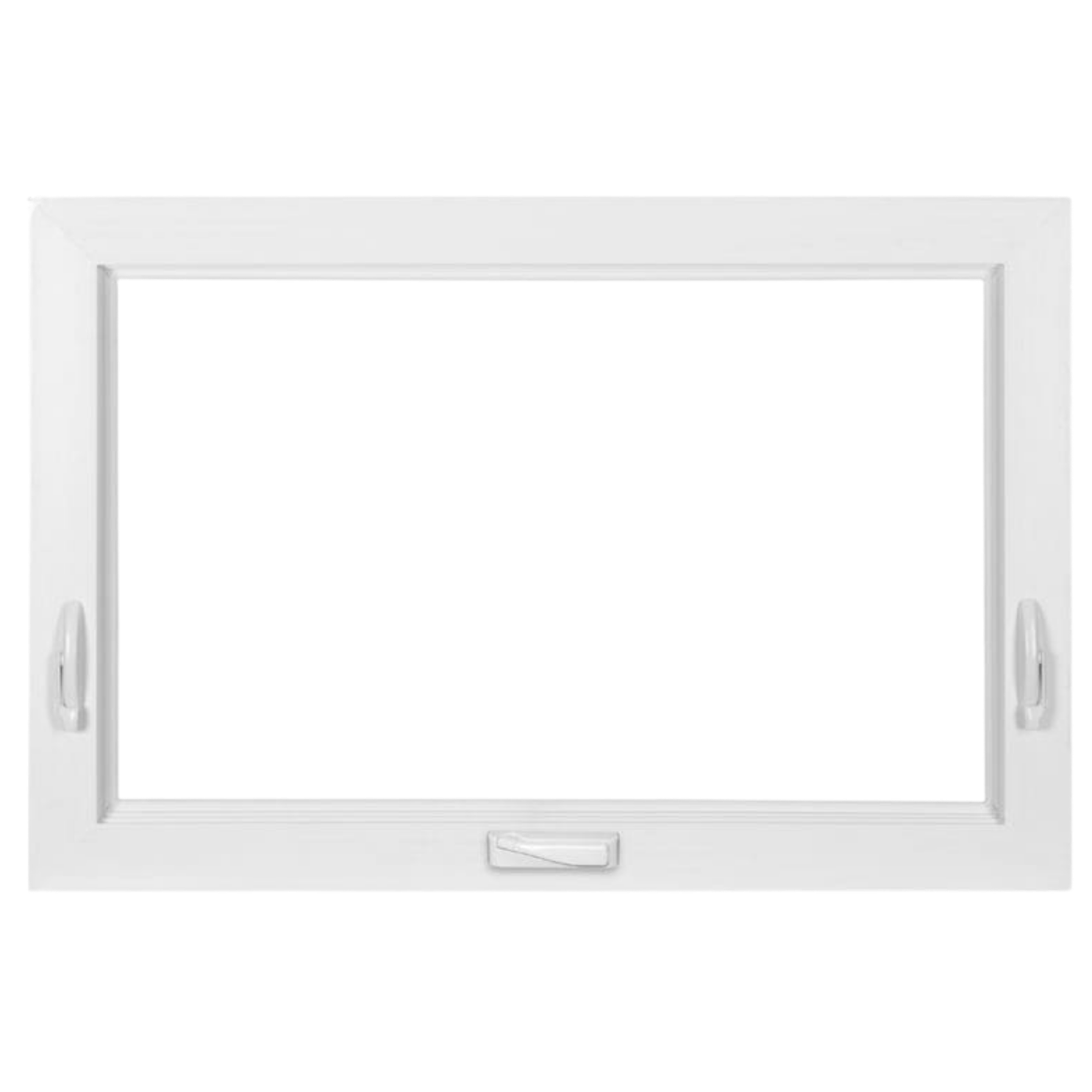 White rectangular window with blinds, handles on sides, and a latch at the bottom center.