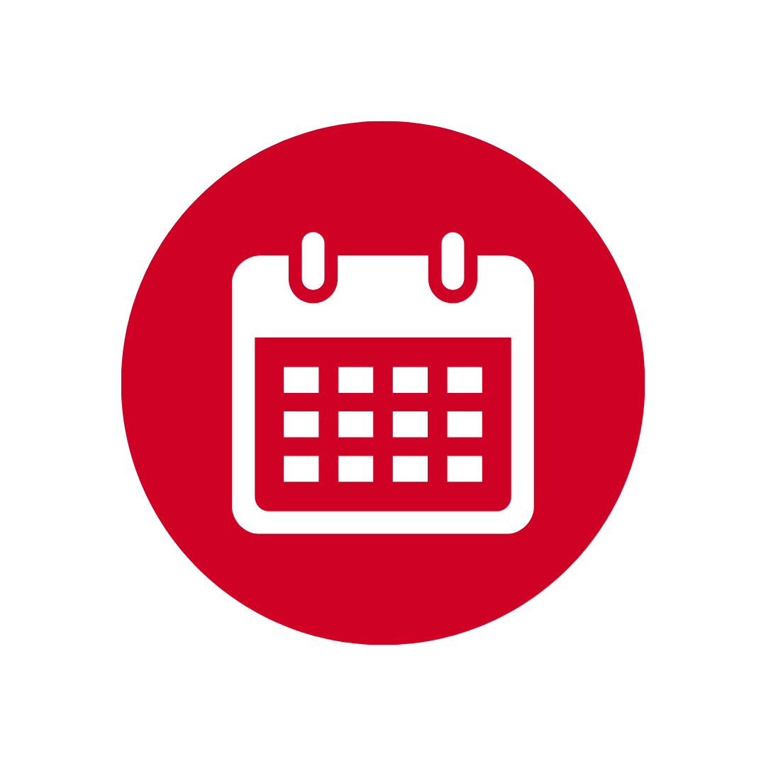 Red circular calendar icon representing scheduling or appointments.