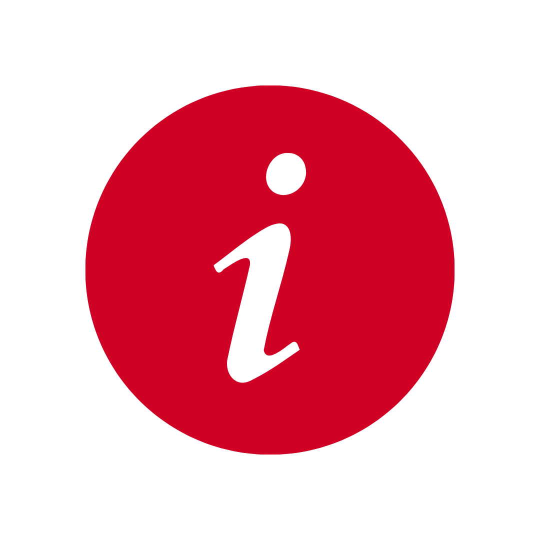 Red circular information icon indicating helpful details or resources.