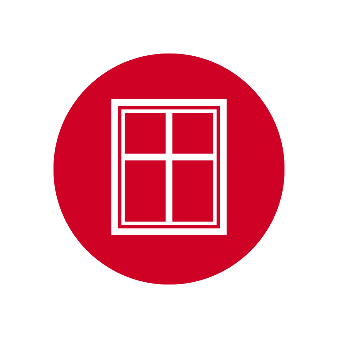 Red circular window icon symbolizing window installation or replacement services.