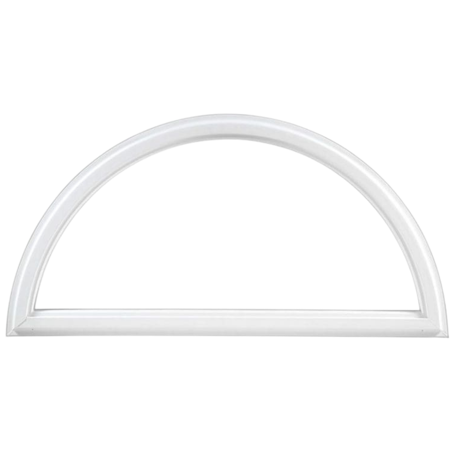 White semi-circular window frame with a black screen inside.