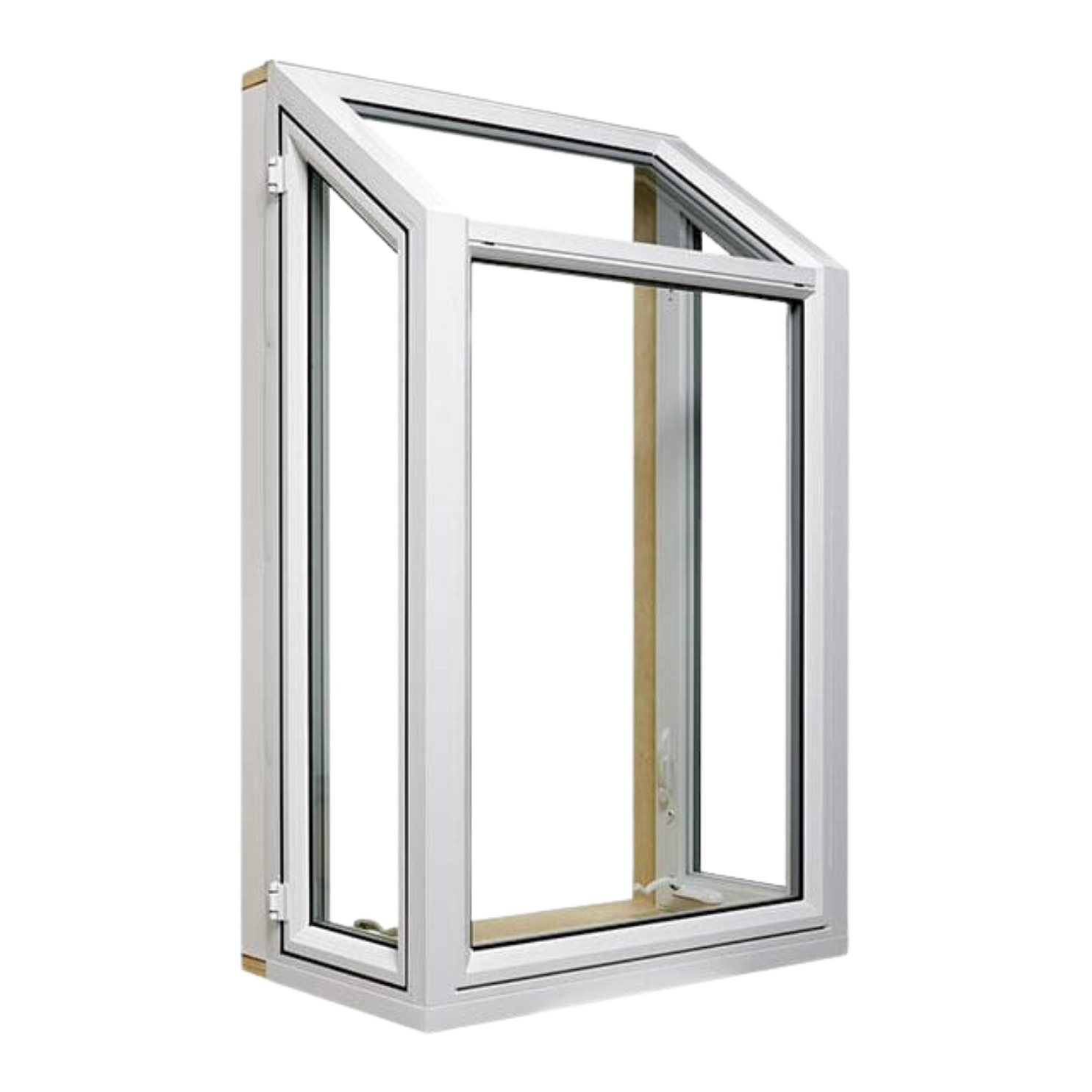 White window with a tilt-and-turn design, opened to the right, showing the inner frame and glass panes.