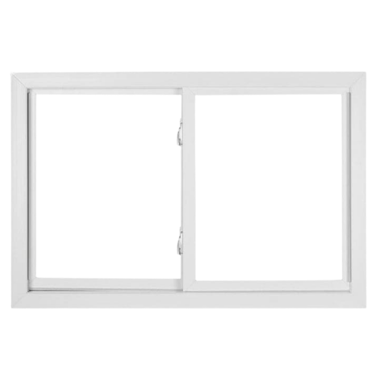 A white sliding window with one panel open, showing the window's frame and glass panels.