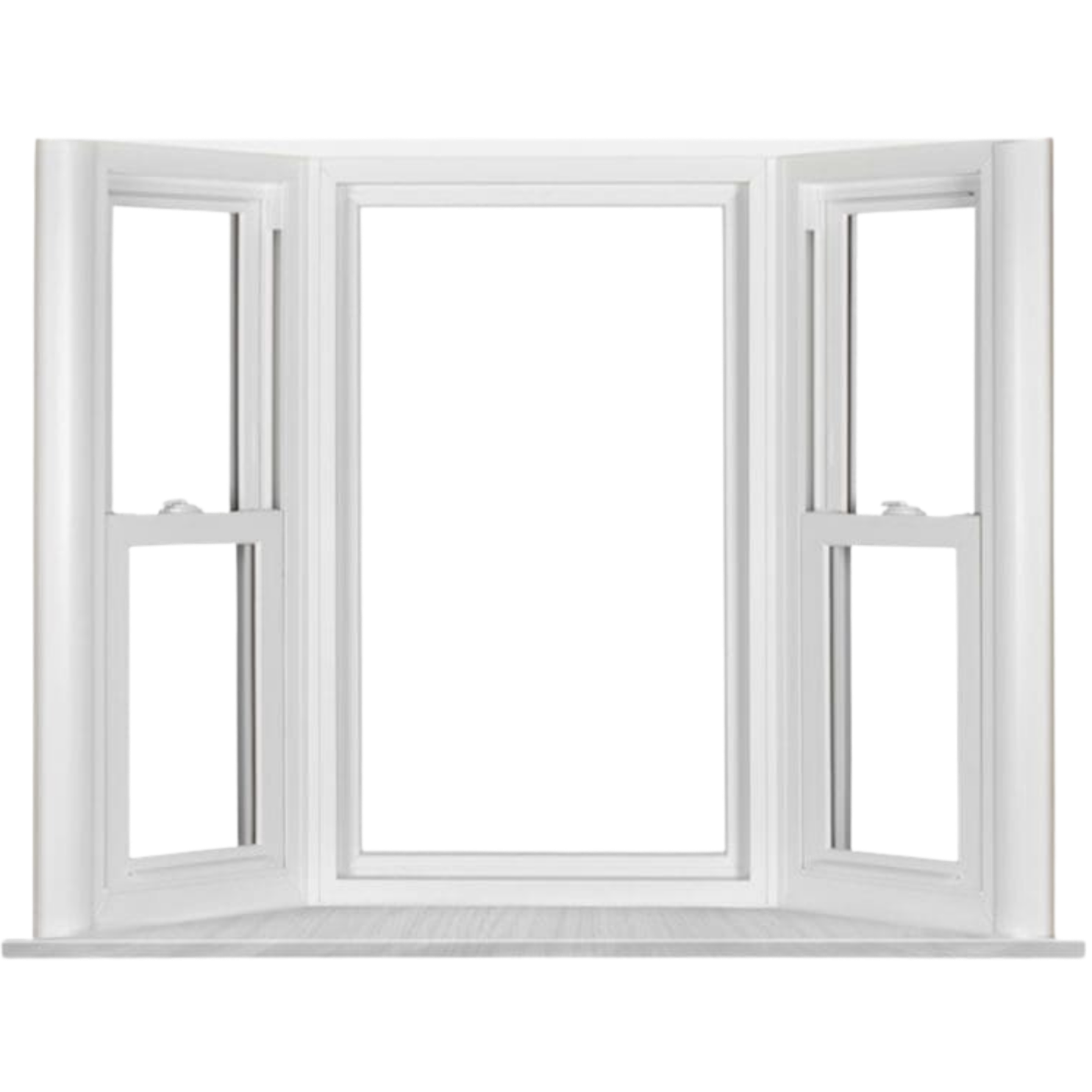 White bay window with three sections, including a large center window and two smaller side windows.
