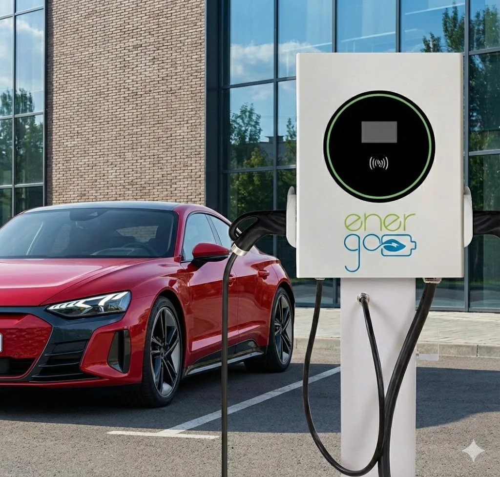 Red electric car charging at an electric vehicle charging station outside a modern building with glass windows.