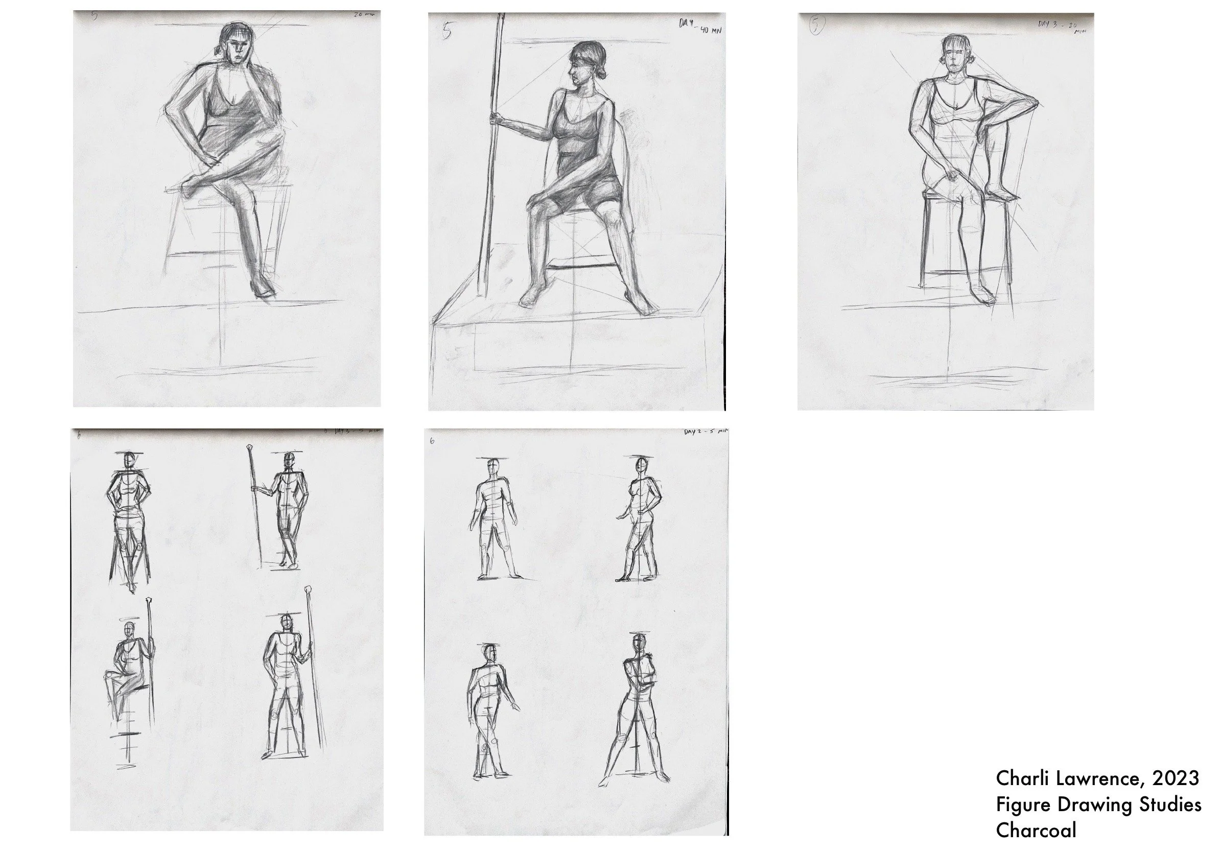 "Timed Figure Drawings (Studio Work)", 2023 - These timed figure drawings were completed in a summer workshop at the Savannah College of Art and Design with a live model. Each piece has the time spent on it in the top right corner.