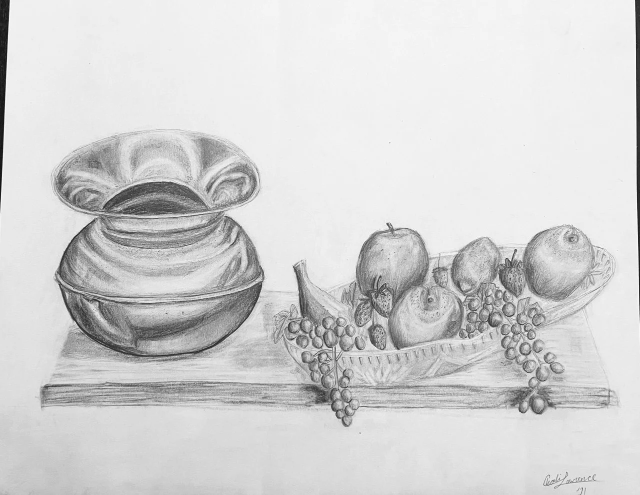 "Reflecting on Blessings", 2022 - This is a still-life piece that I worked on in my art class during my sophomore year of high school. My goal with this piece was to practice various textures: reflective surfaces, wood, glass, and fruit.