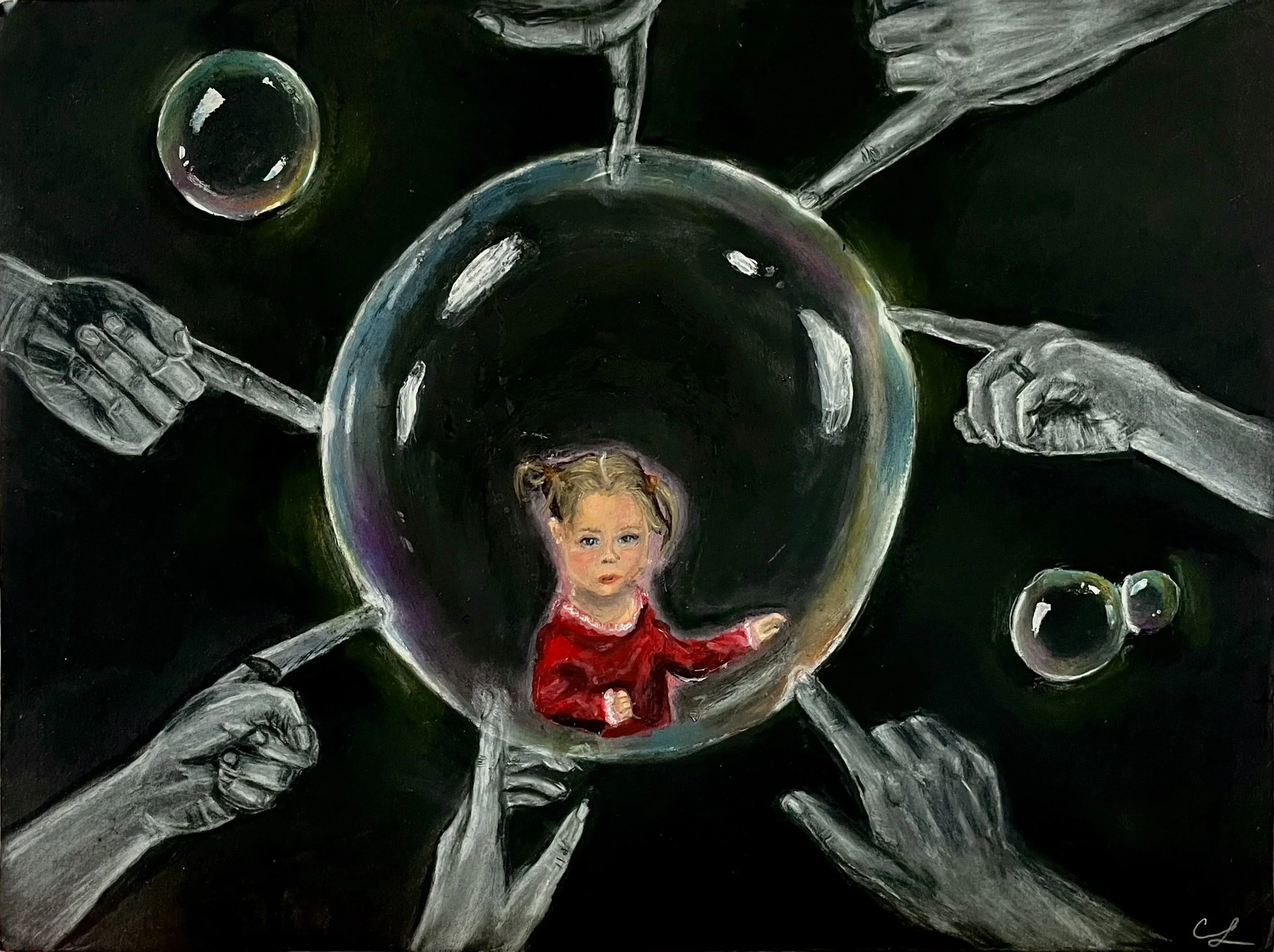 "Burst the Bubble", 2022 - 
In this piece I wanted to represent how for many, the bubble of childhood youth and innocence is often popped far before they are ready. The large, intimidating hands attempting to pop the bubble are all unknown to the you