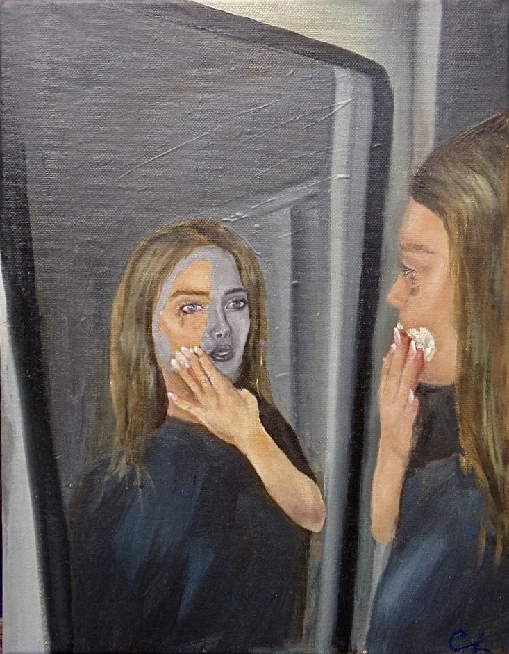 "Unveiled", 2023 - In this piece I hoped to capture the feeling of being a teenager and undergoing a transitional period. In this self-portrait, the subject is lost in this transition and feels as if adulthood, and in this case her makeup, is forcing