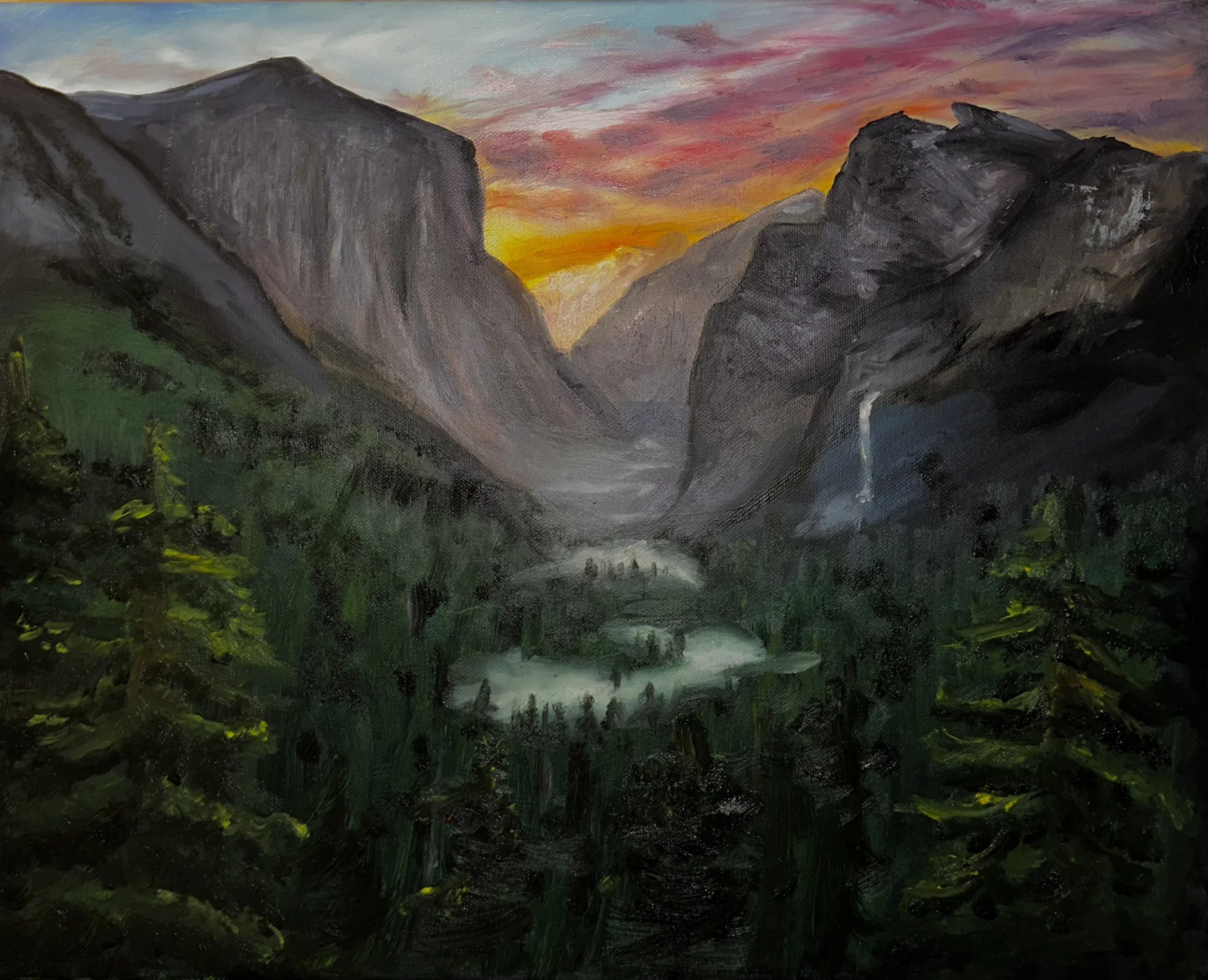 "Dawn in Yosemite", 2023 - This piece depicts a sunrise in Yosemite. I used Bob Ross’ landscape depictions as inspiration, and even some of his techniques when creating this piece.