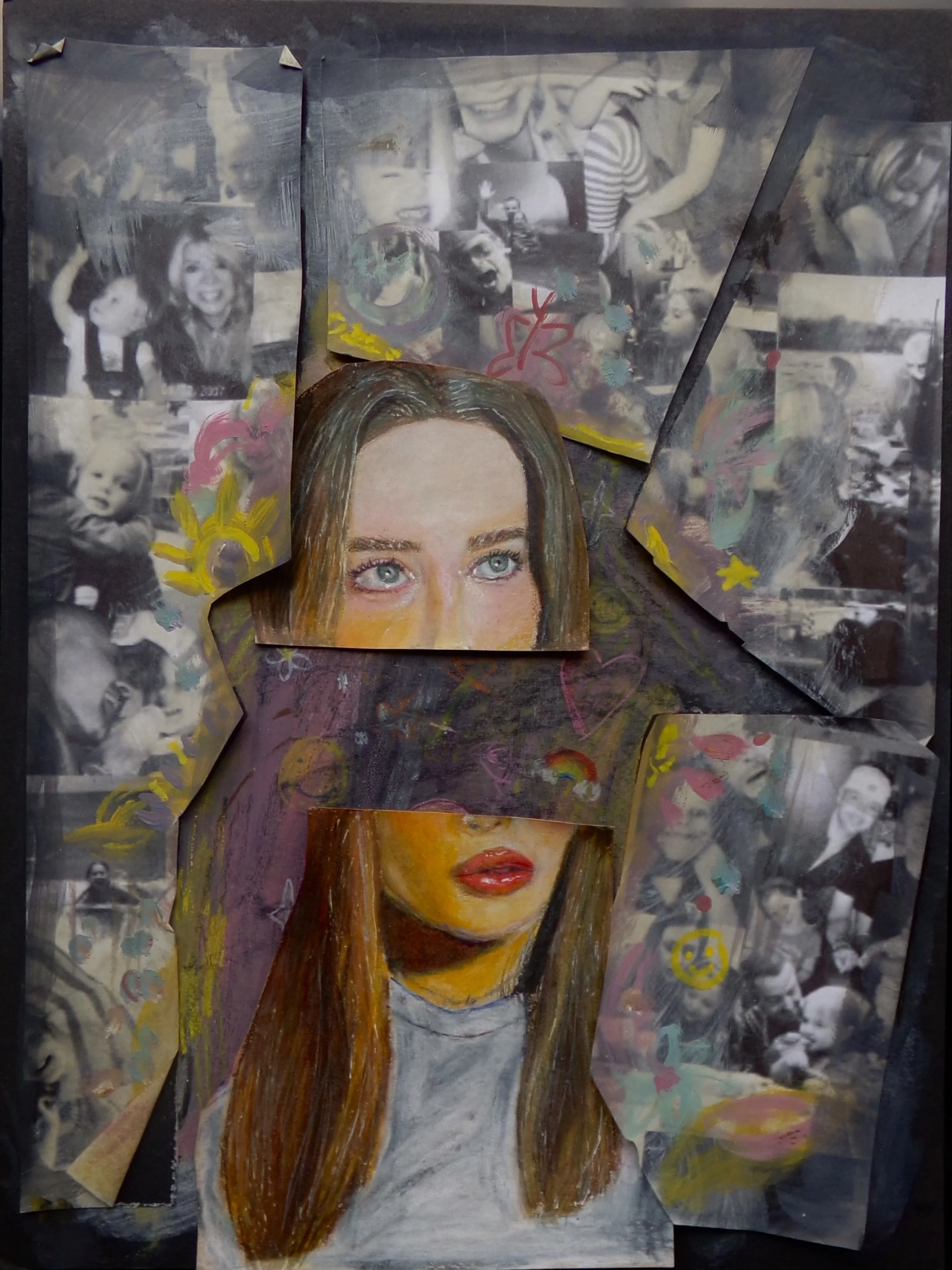 "Youth in Pieces", 2023 - This piece explores the feeling of childhood ending, and while it may seem as if it has been broken into pieces, there can actually be beauty found within the chaos of this transition. In this piece I created a digital colla