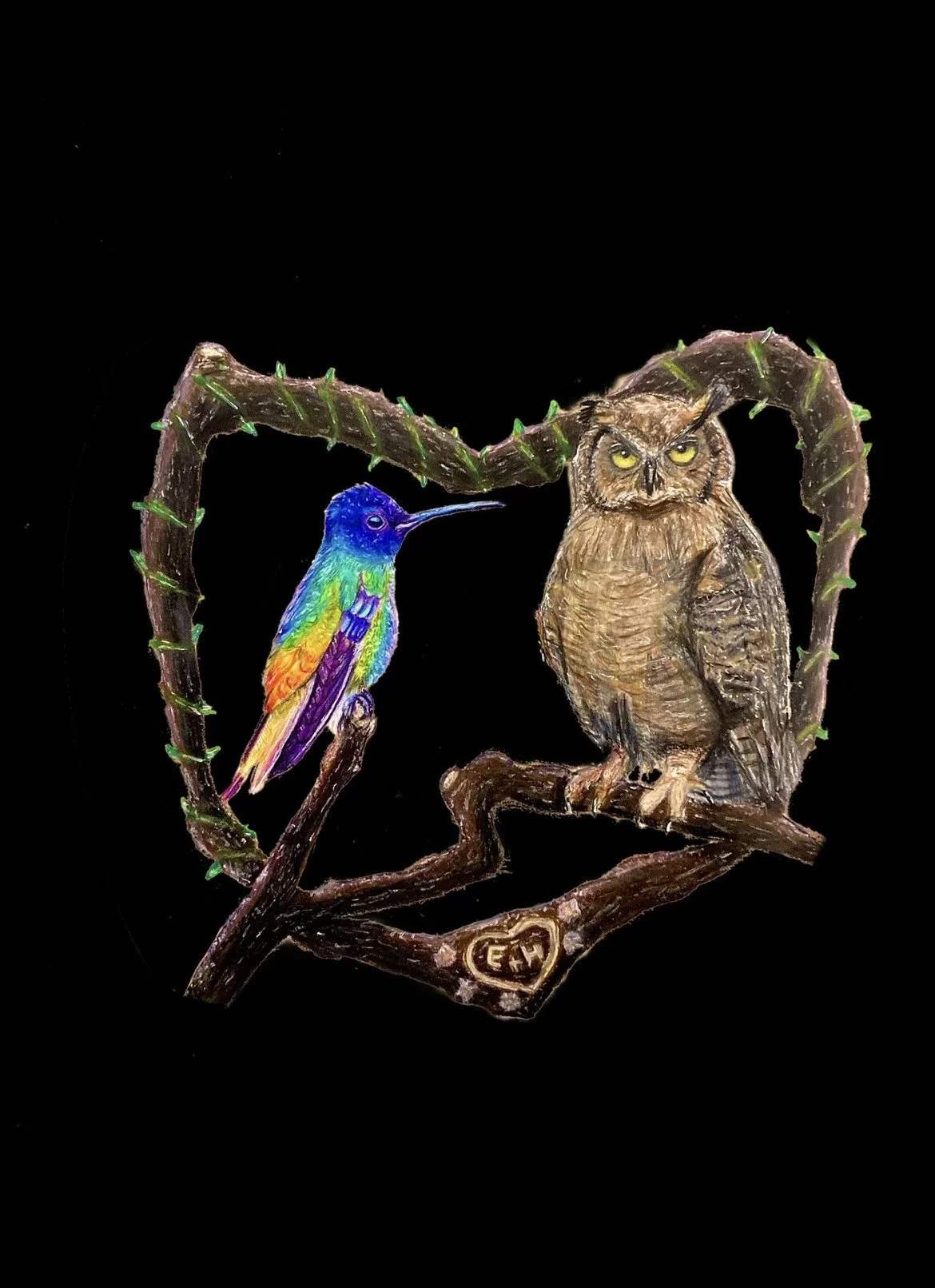 "Love Everlasting", 2019 - This was a piece I created for my grandmother. She often refers to her parents who have passed on as birds who come to visit her often; her mother is a hummingbird and her father an owl. In this piece, I included the two to