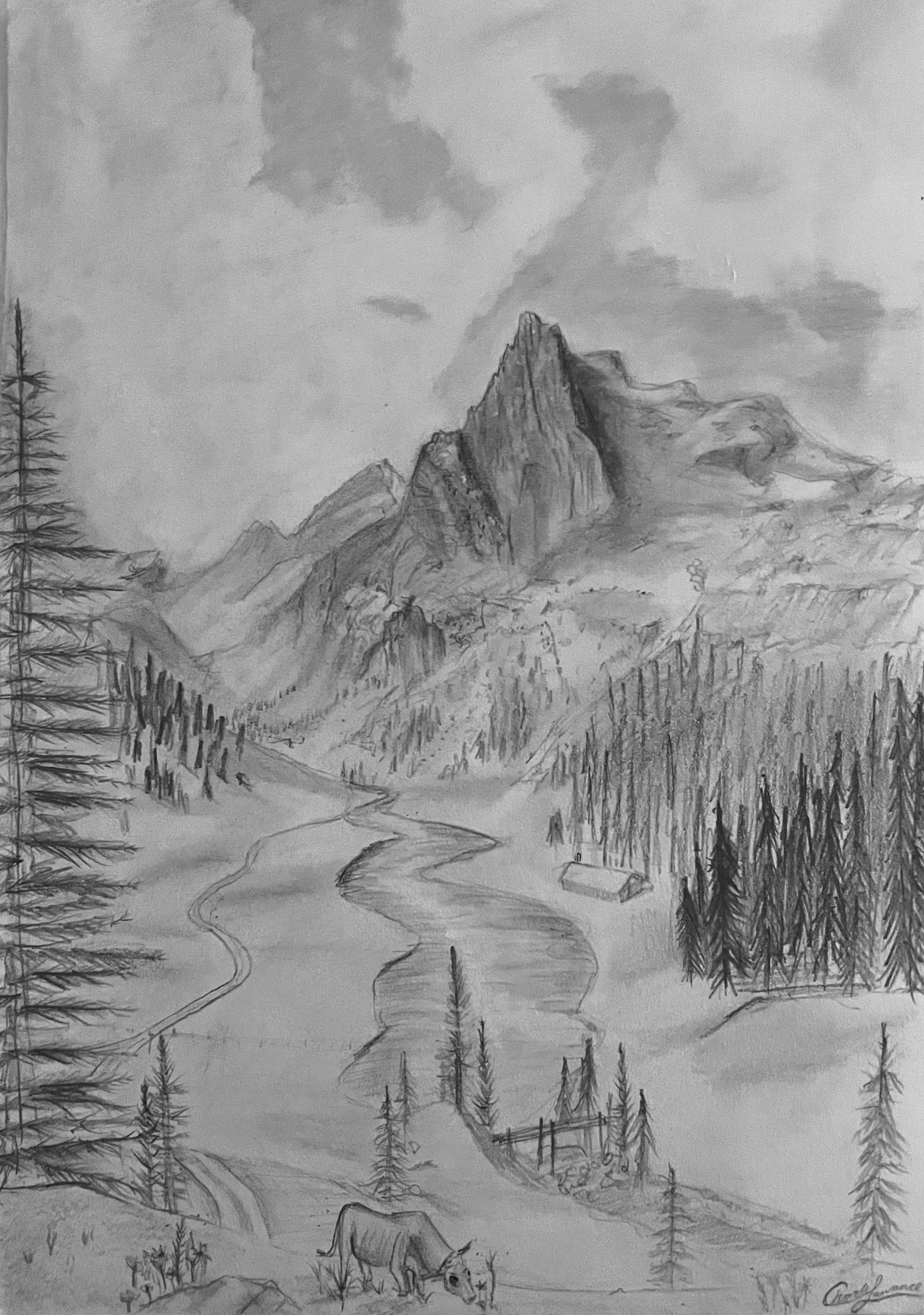 "Scenery Sketch", 2021 - This is a nature sketch practice taken from a sketchbook. 