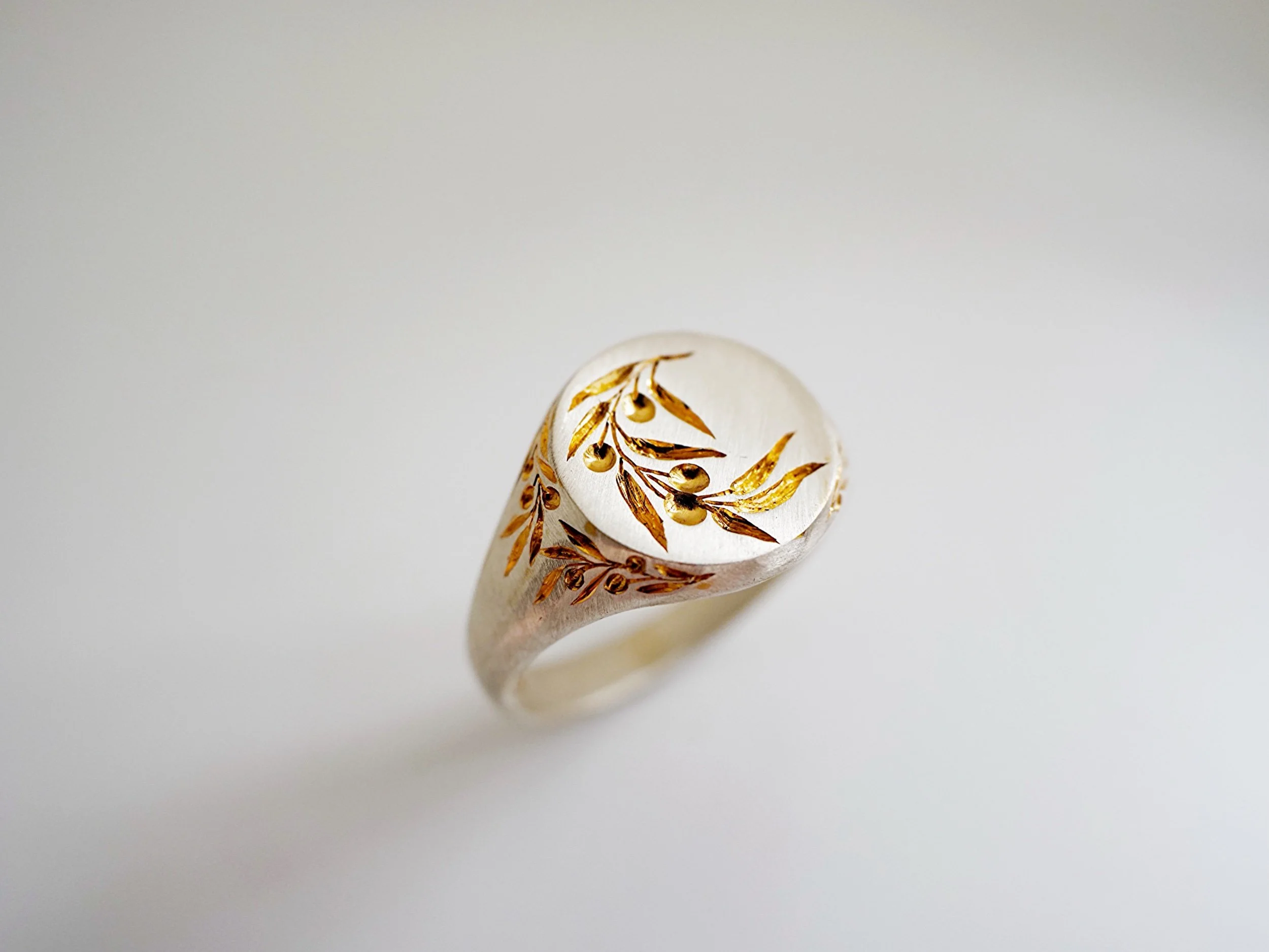 Large Olive Branch Two Tone Signet Ring