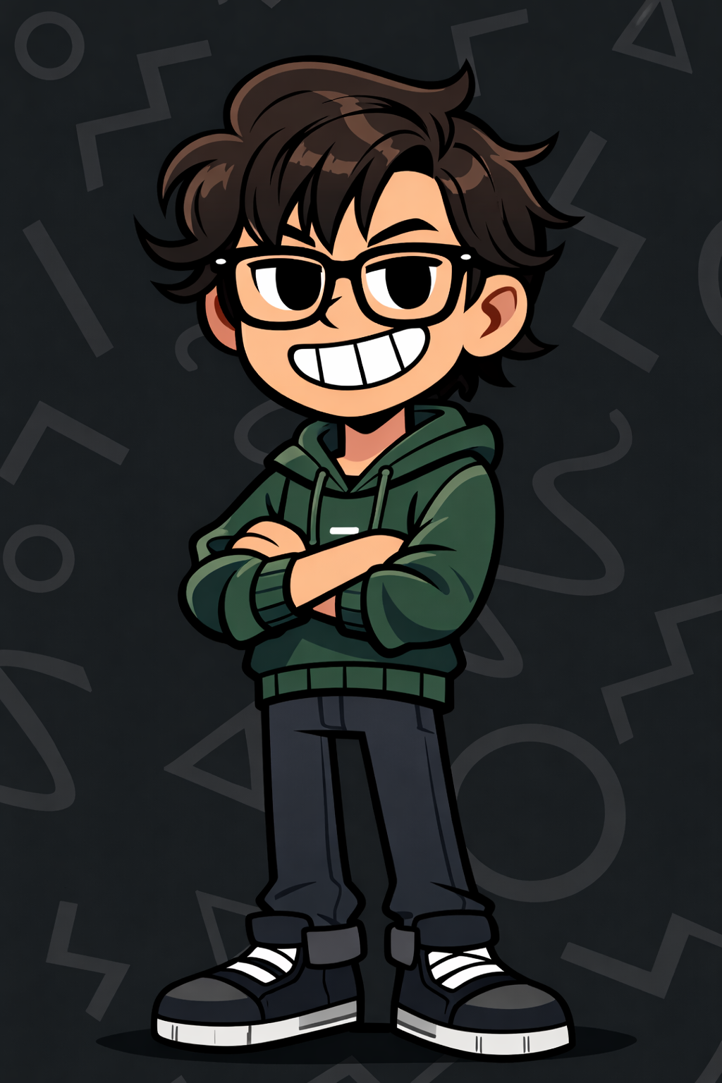 Cartoon character of a young man with brown hair, glasses, a green hoodie, jeans, and black sneakers, smiling with crossed arms against a dark background with various geometric shapes.