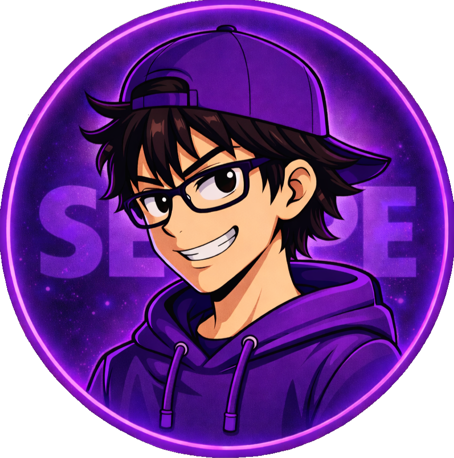 Cartoon character of a young man with brown hair, glasses, a green hoodie, jeans, and black sneakers, smiling with crossed arms against a dark background with various geometric shapes.