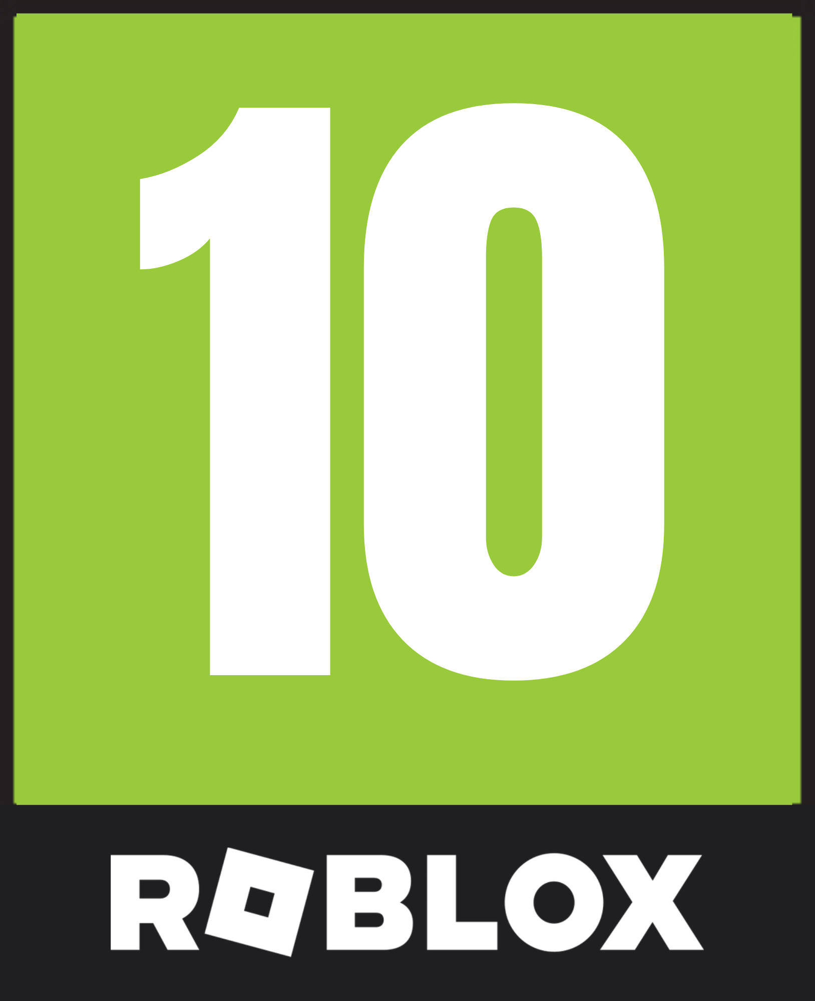 Roblox logo with a green background, large white number 10, and the word 'ROBLOX' with a black border at the bottom.