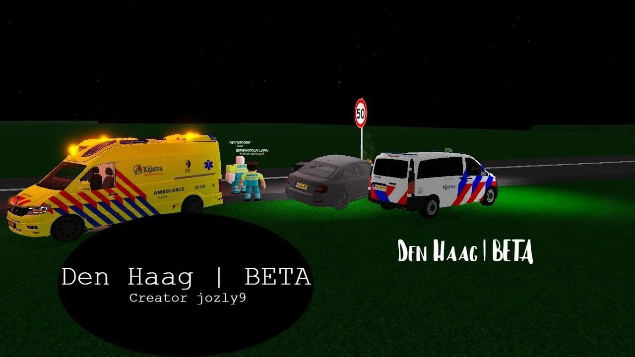 Nighttime scene of emergency responders at a vehicle accident, including an ambulance, police van, and a gray car on a grassy area near a road with a 50 km/h speed sign.