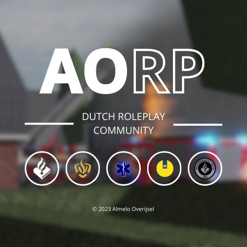 Logo for AORP Dutch Roleplay Community with icons representing firefighting, medical, and emergency services, and a blurred background of emergency vehicles.