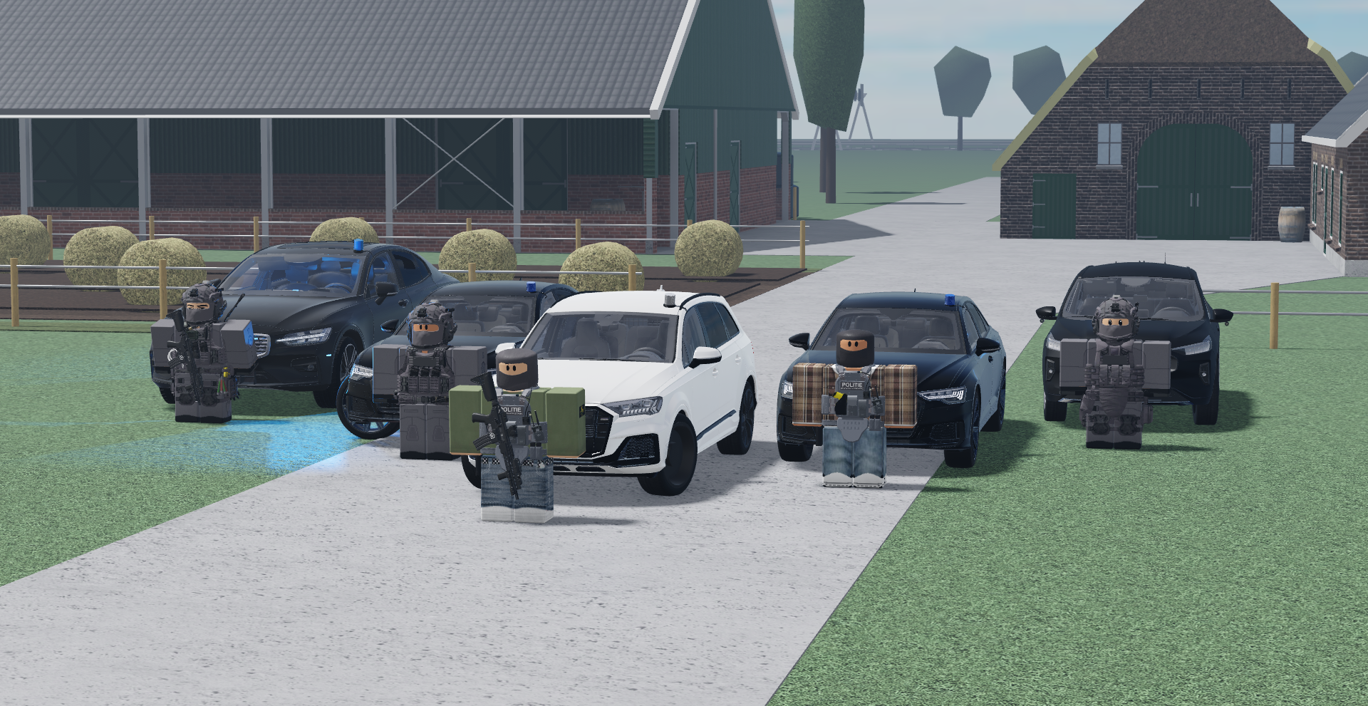 Four police officers in tactical gear with armored shields, holding luggage, standing in front of four police vehicles on a farm or rural property, with barns, trees, and a gravel driveway in the background.
