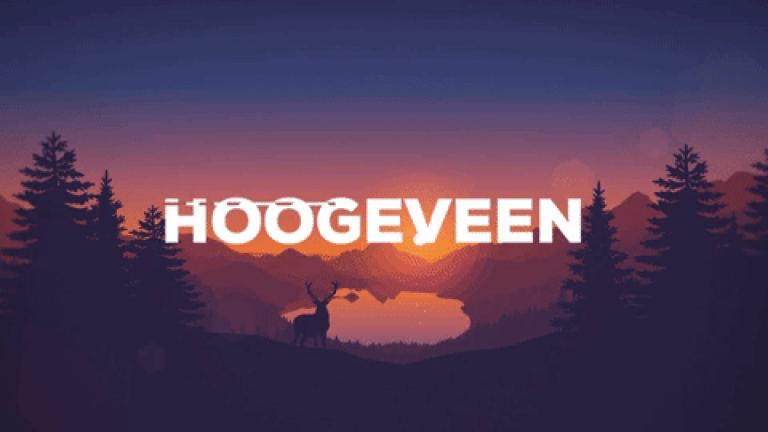 Sunset over mountains with a lake, silhouette of a deer, and the word 'Hoogeveen' in bold white letters.