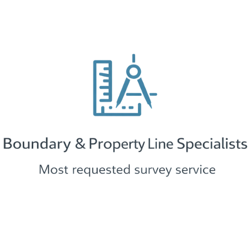Logo for Boundary & Property Line Specialists with a graphic of a surveying instrument and a building, and text indicating they offer expert survey services.