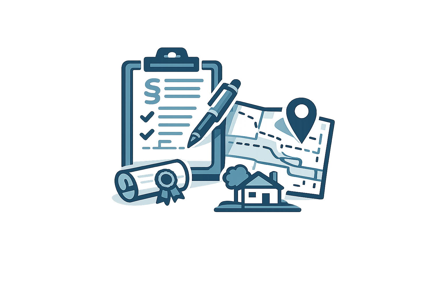 A digital illustration related to real estate, featuring a clipboard with checkmarks, a pen, a rolled document, a house with trees, a map with a route, a location pin, and a house icon, all in shades of blue.