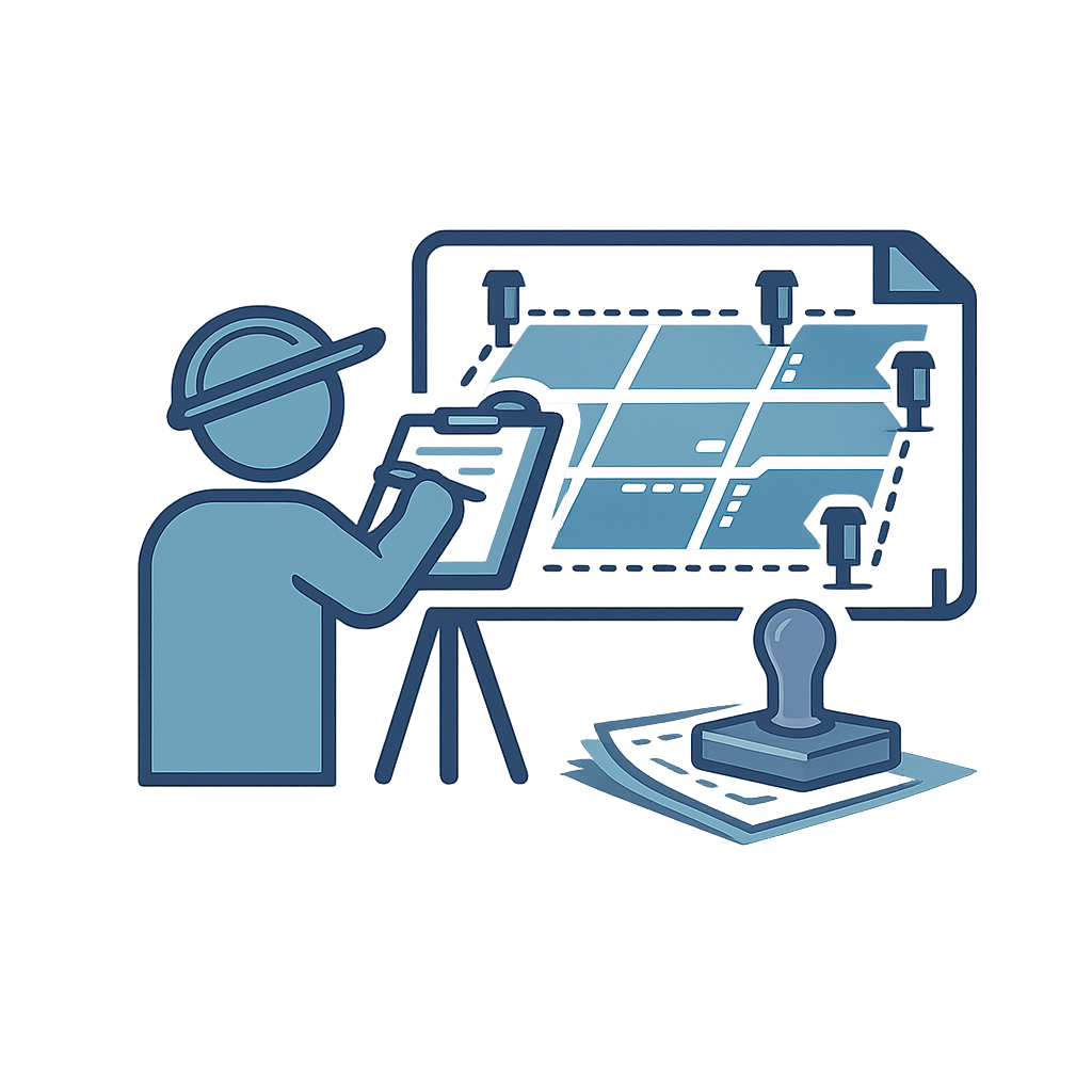 Person wearing a hard hat looking at a blueprint on a tablet at a construction site.