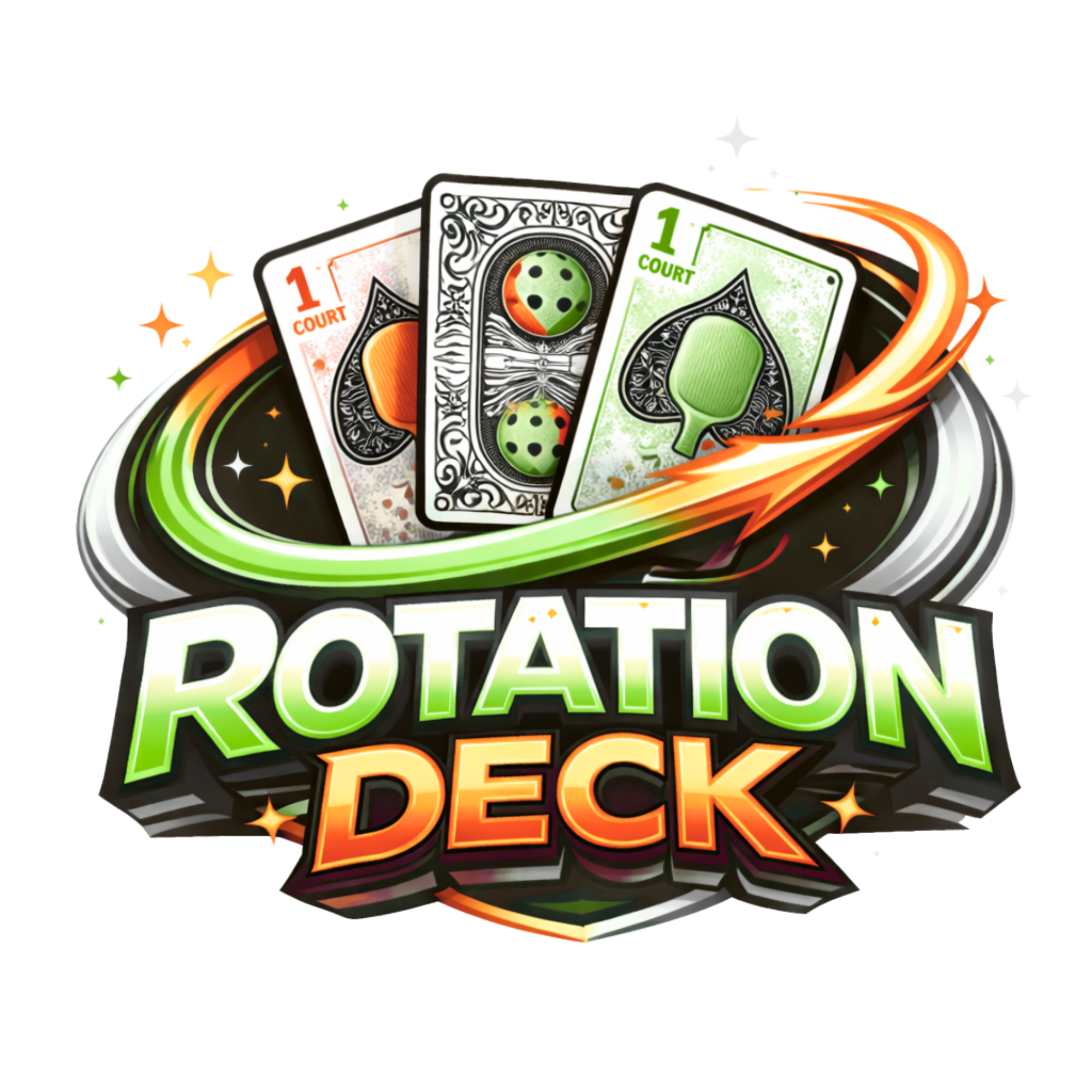 Rotation Deck™ tournament system logo featuring pickleball court assignment cards, part of the Tournament Flow™ system for organized recreational tournaments.
