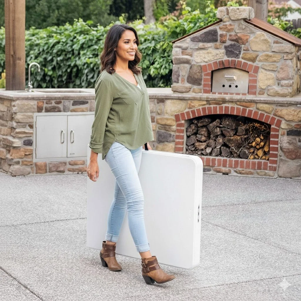Woman in a green top and jeans standing next to a stack of white folding tables beside an outdoor brick fireplace, ready for party rental pickup