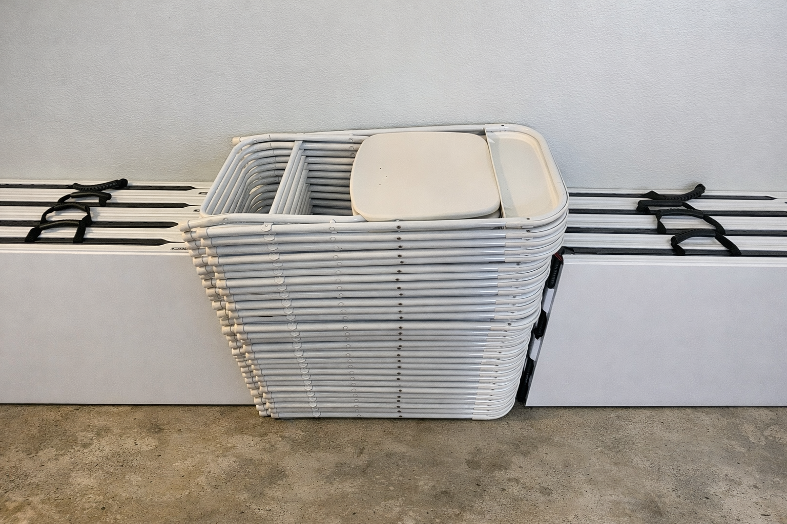 Neatly stacked white folding tables and chairs ready for rental, showcasing clean and inspected party equipment