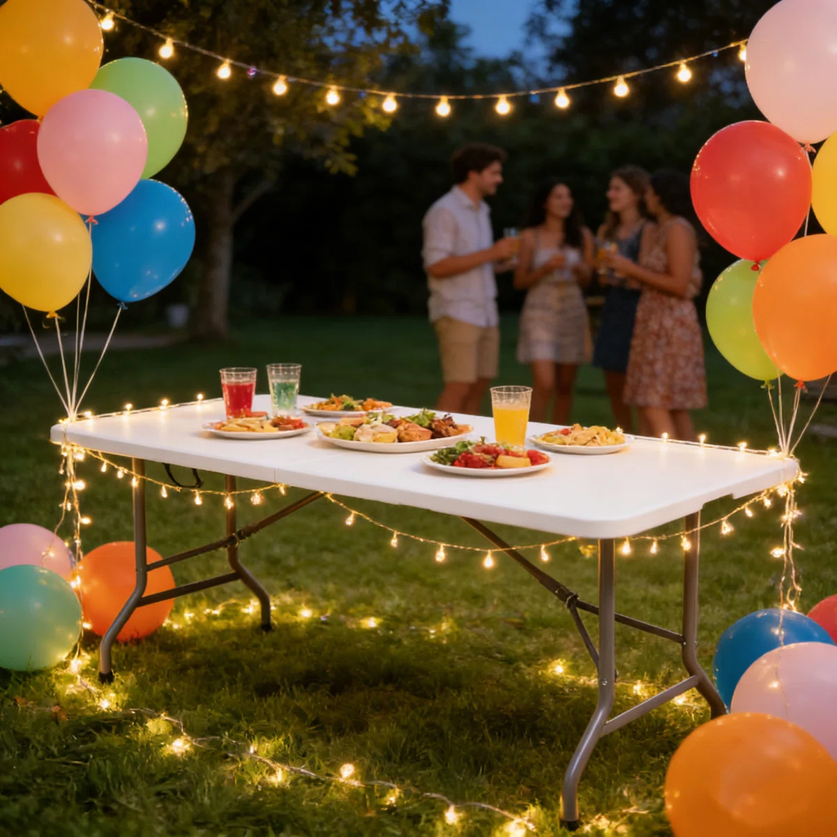Graduation party rental setup with tables chairs and yard games in Sacramento