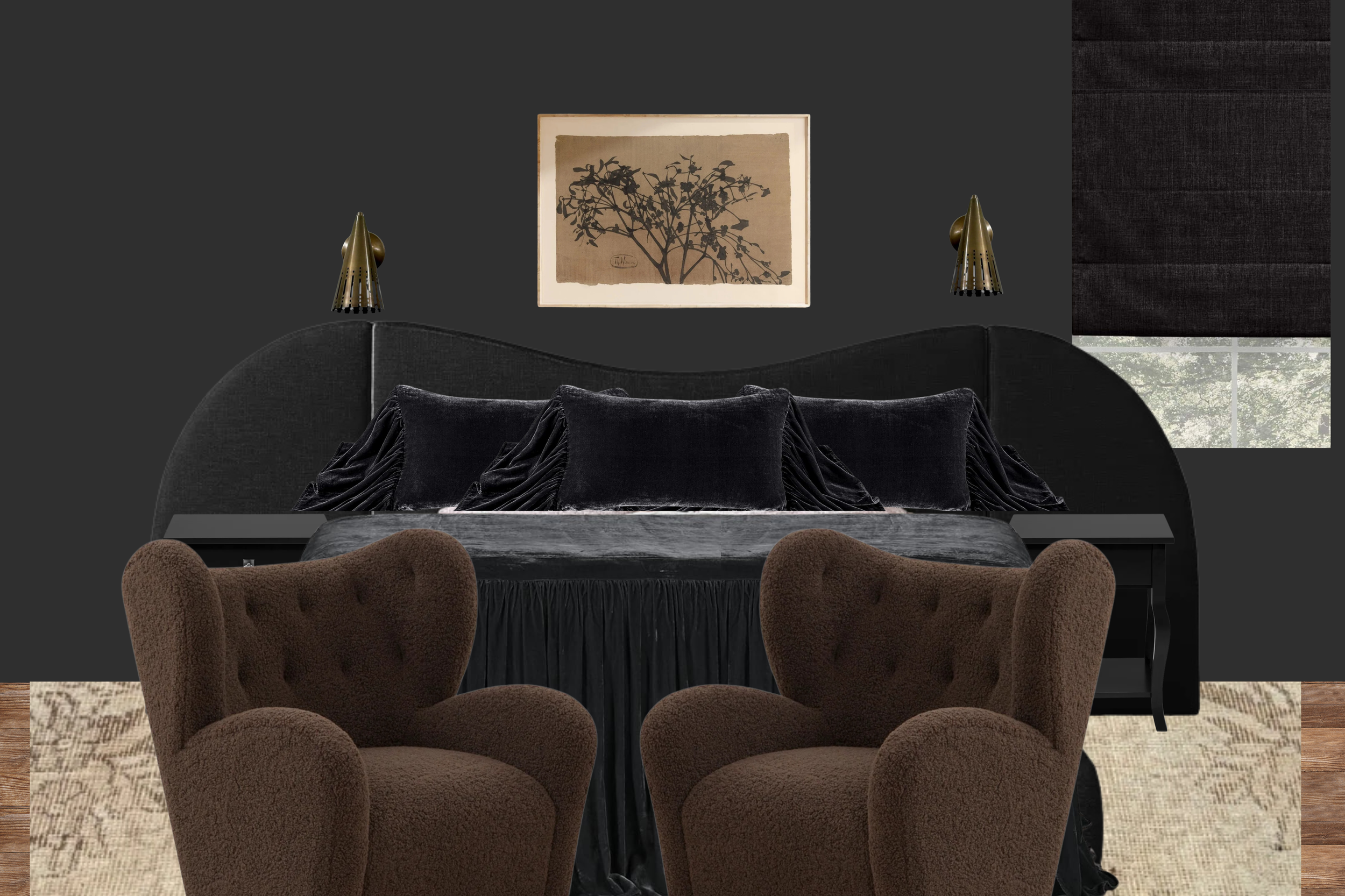 Interior of a modern bedroom featuring a black curved headboard, black pillows, brass wall sconces, a framed botanical artwork, dark walls, a window with black blinds, and a carpeted floor.