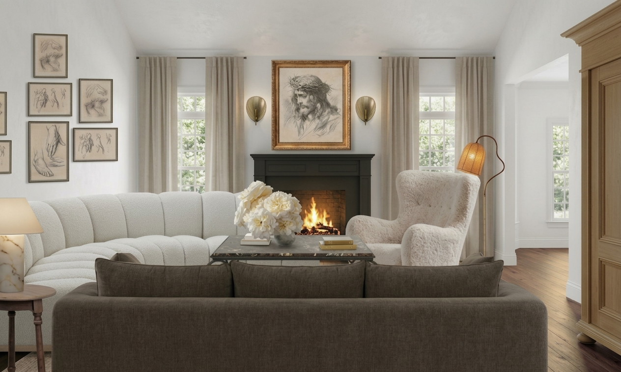 Living room with white curved sofa, cream armchair, black fireplace with a fire, framed art, curtain-draped windows, side table with a lamp, and a coffee table with flowers and books.