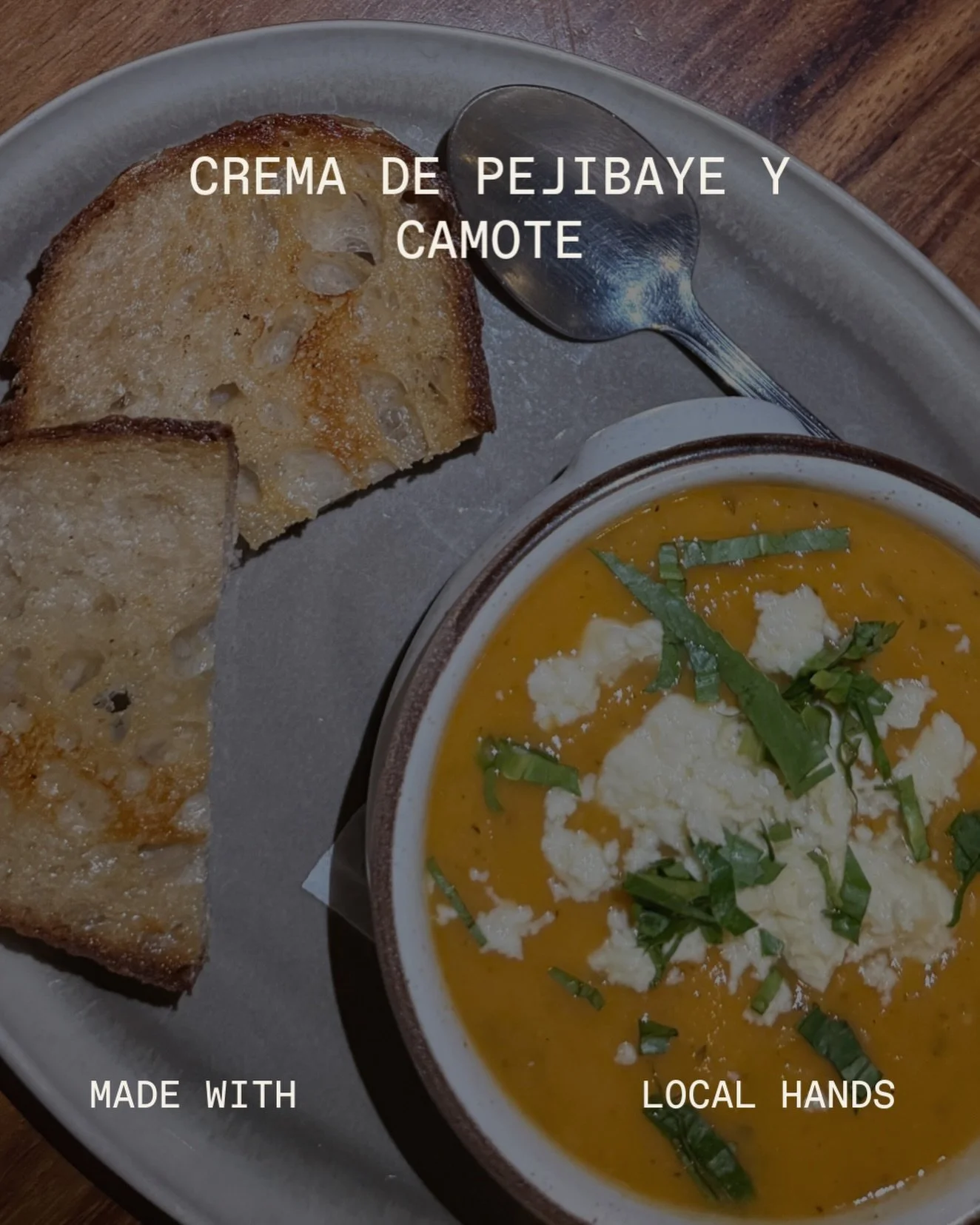 CREMA DE PEJIBAYE Y CAMOTE
Cuajada y culantro coyote. Servida con pan de masa madre. 

Pejibaye and sweet potato cream soup with
cuajada and culantro cuyote .Served with
Morbort sourdough bread.