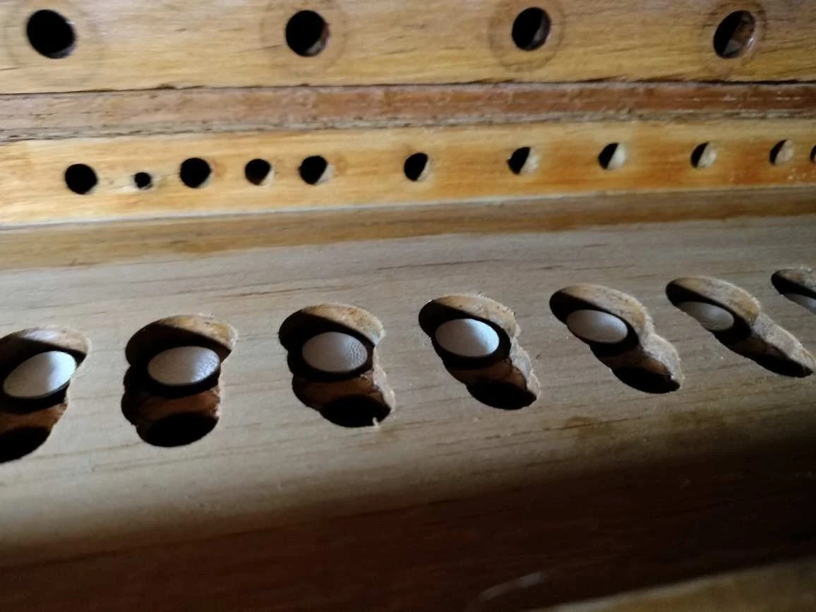 Close-up of a wooden surface with a series of holes and round white objects placed in some of the holes.